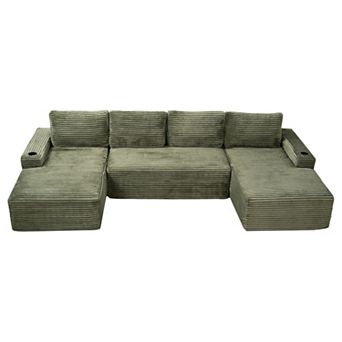 Trikiousd 133.4" U-Shaped Modular Sectional Sofa Corduroy Cloud Couch with Cup Holders