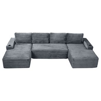 Trikiousd 133.4" U-Shaped Modular Sectional Sofa Corduroy Cloud Couch with Cup Holders
