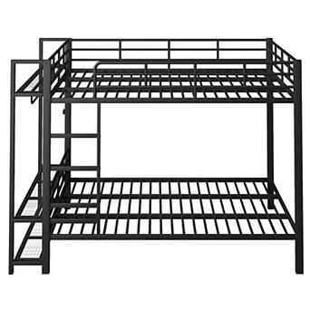 Pnronnc Queen Size Metal Frame Bunk Bed with Storage Mesh Shelves, LED Light and Clothes Hooks