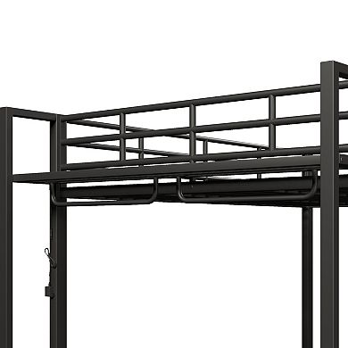 Pnronnc Queen Size Metal Frame Bunk Bed with Storage Mesh Shelves, LED Light and Clothes Hooks