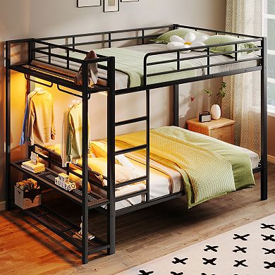 Pnronnc Queen Size Metal Frame Bunk Bed with Storage Mesh Shelves, LED Light and Clothes Hooks