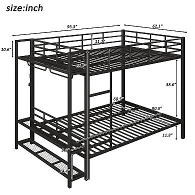 Pnronnc Queen Size Metal Frame Bunk Bed with Storage Mesh Shelves, LED Light and Clothes Hooks