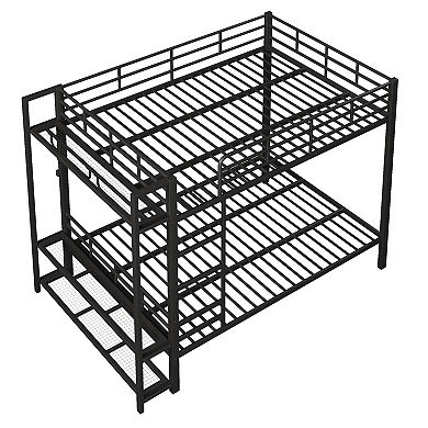 Pnronnc Queen Size Metal Frame Bunk Bed with Storage Mesh Shelves, LED Light and Clothes Hooks