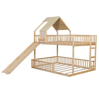 Pnronnc Full XL Over Queen Bunk Bed 2-in-1 House Platform Bed Floor Bed with Slide, Ladder for Kids