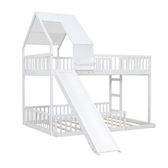 Pnronnc Full XL Over Queen Bunk Bed 2-in-1 House Platform Bed Floor Bed with Slide, Ladder for Kids