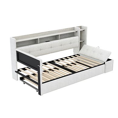 Pnronnc Linen Upholstery Daybed Bookcase Captains Sofa Bed with Footstool, Shelves, USB & LED Light