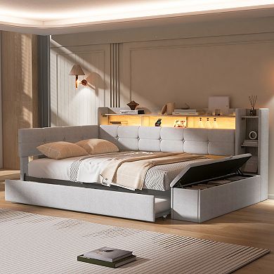 Pnronnc Linen Upholstery Daybed Bookcase Captains Sofa Bed with Footstool, Shelves, USB & LED Light