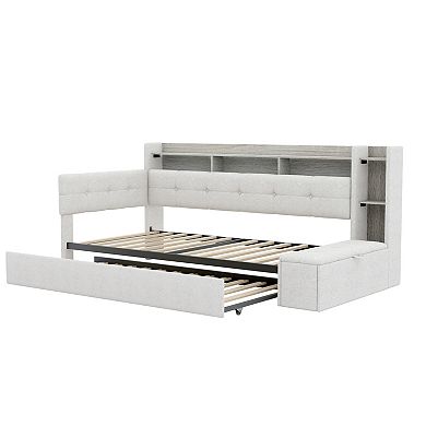 Pnronnc Linen Upholstery Daybed Bookcase Captains Sofa Bed with Footstool, Shelves, USB & LED Light