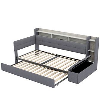 Pnronnc Linen Upholstery Daybed Bookcase Captains Sofa Bed with Footstool, Shelves, USB & LED Light