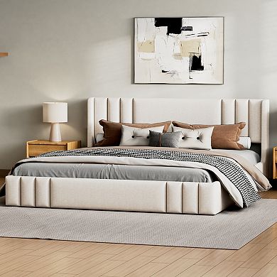 Pnronnc Linen Upholstered Platform Bed Frame Low Profile Grounded Bed Tufted Wingback Bed