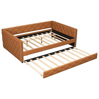 Pnronnc Full XL Size Frame Daybed Faux Leather Upholstered Sofa Bed with Trundle Bed and LED