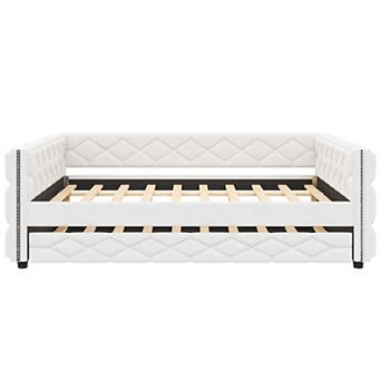 Pnronnc Full XL Size Frame Daybed Faux Leather Upholstered Sofa Bed with Trundle Bed and LED