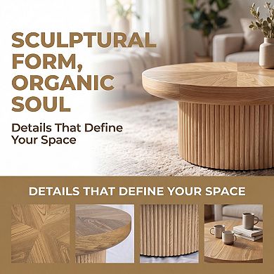 Trikiousd 33.5" Round Fluted Coffee Table with Parquet Wood Top
