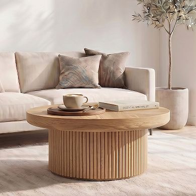 Trikiousd 33.5" Round Fluted Coffee Table with Parquet Wood Top