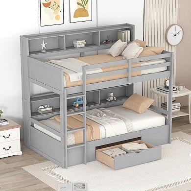 Pnronnc Twin Size Storage Bookcase Bunk Bed with Shelves Beside Both Upper & Down Bed, Drawer