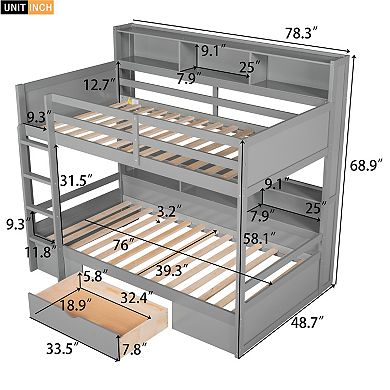 Pnronnc Twin Size Storage Bookcase Bunk Bed with Shelves Beside Both Upper & Down Bed, Drawer