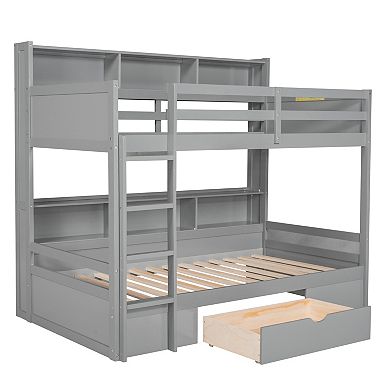 Pnronnc Twin Size Storage Bookcase Bunk Bed with Shelves Beside Both Upper & Down Bed, Drawer