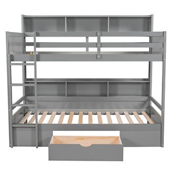 Pnronnc Twin Size Storage Bookcase Bunk Bed with Shelves Beside Both Upper & Down Bed, Drawer