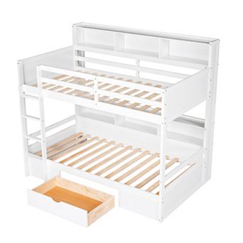 Pnronnc Twin Size Storage Bookcase Bunk Bed with Shelves Beside Both Upper & Down Bed, Drawer