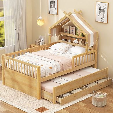 Pnronnc Modern Kids Platform Bed House Style Bed with Bookcase Headboard