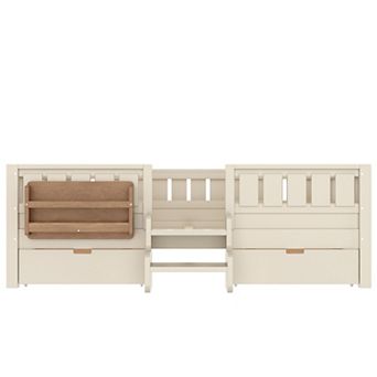 Pnronnc Kids Low Loft Bed Montessori Daybed Frame Wood Sofa Bed Built-in Bookshelves, Drawers, Rails