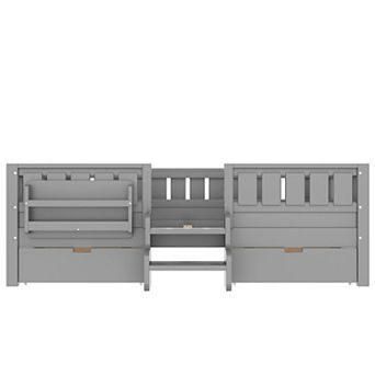 Pnronnc Kids Low Loft Bed Montessori Daybed Frame Wood Sofa Bed Built-in Bookshelves, Drawers, Rails