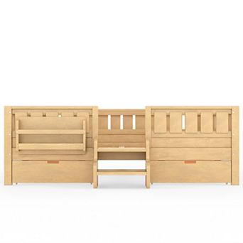 Pnronnc Kids Low Loft Bed Montessori Daybed Frame Wood Sofa Bed Built-in Bookshelves, Drawers, Rails