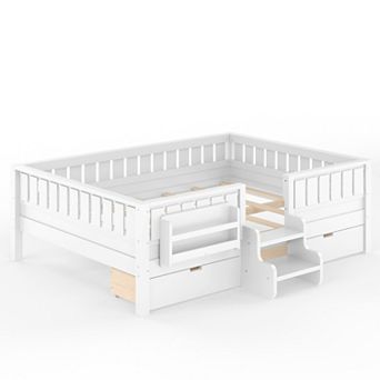Pnronnc Kids Low Loft Bed Montessori Daybed Frame Wood Sofa Bed Built-in Bookshelves, Drawers, Rails