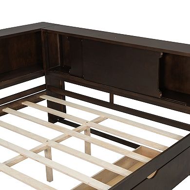 Pnronnc L-shape Corner Daybed Wood Sofa Bed Frame with Storage Bookcase, USB, LED and 2 Drawers