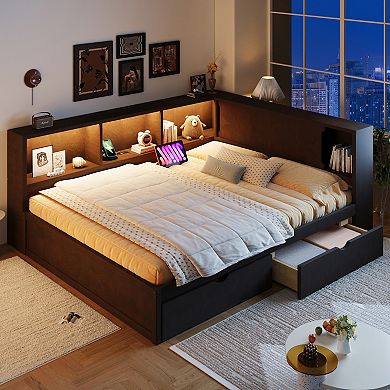 Pnronnc L-shape Corner Daybed Wood Sofa Bed Frame with Storage Bookcase, USB, LED and 2 Drawers