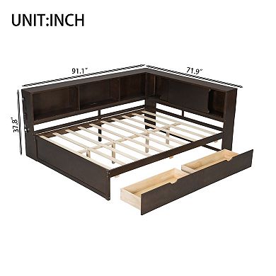 Pnronnc L-shape Corner Daybed Wood Sofa Bed Frame with Storage Bookcase, USB, LED and 2 Drawers