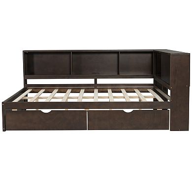 Pnronnc L-shape Corner Daybed Wood Sofa Bed Frame with Storage Bookcase, USB, LED and 2 Drawers