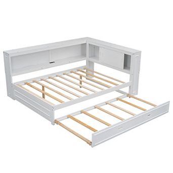 Pnronnc L-shape Corner Daybed Wood Sofa Bed Frame with Storage Bookcase, USB, LED and 2 Drawers