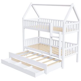 Pnronnc Twin over Twin House Bunk Bed Kids Loft Bed with Fence, Trundle and 3 Drawers