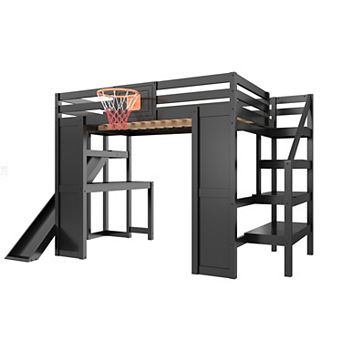 Pnronnc Wooden Loft Bed Full Size Kids Loft Bed Built-in Desk, Basketball Hoop, Slide and Staircase