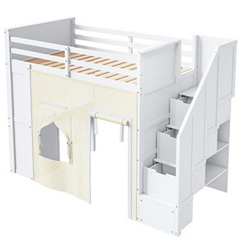 Pnronnc Twin Size Loft Bed with Desk, Lockers, 2 Drawers, Storage Staircase and Curtain for Kids