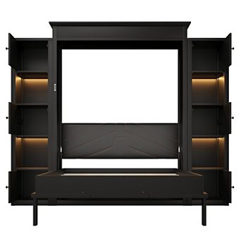 Pnronnc Folding Murphy Bed Space-Saving Storage Platform Bed with LED Lights and Side Storage Shelf
