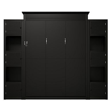Pnronnc Folding Murphy Bed Space-Saving Storage Platform Bed with LED Lights and Side Storage Shelf