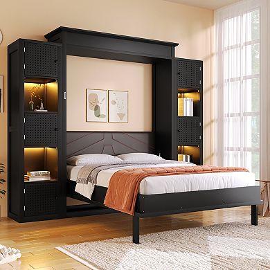 Pnronnc Folding Murphy Bed Space-Saving Storage Platform Bed with LED Lights and Side Storage Shelf