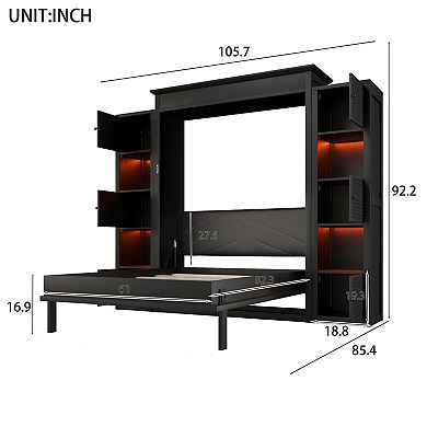 Pnronnc Folding Murphy Bed Space-Saving Storage Platform Bed with LED Lights and Side Storage Shelf