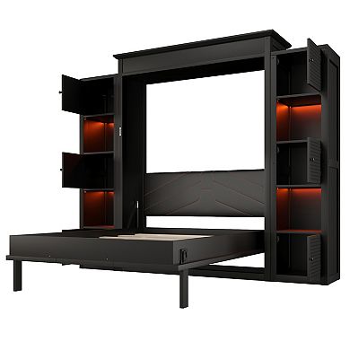 Pnronnc Folding Murphy Bed Space-Saving Storage Platform Bed with LED Lights and Side Storage Shelf