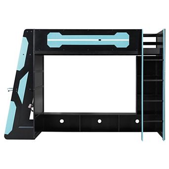Pnronnc Gaming Loft Bed Wood Kids Bed with Desk, RGB Light and Multi-storage Shelves