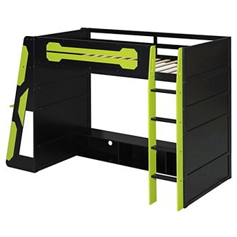 Pnronnc Gaming Loft Bed Wood Kids Bed with Desk, RGB Light and Multi-storage Shelves