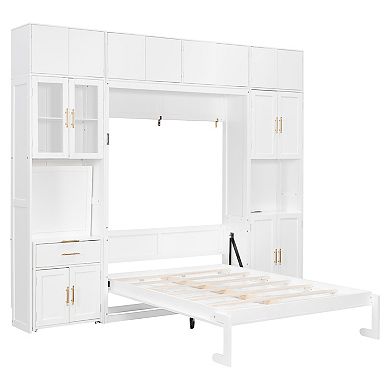 Pnronnc Bookcase Murphy Bed Full Wall Platform Bed with Desk, LED Lighted Shelves, USB, Power Outlet