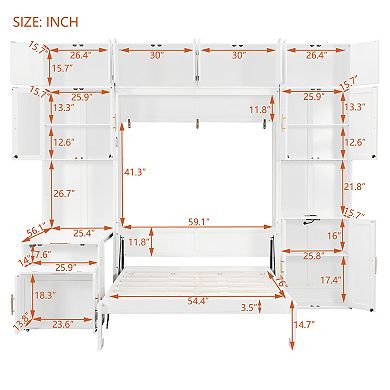 Pnronnc Bookcase Murphy Bed Full Wall Platform Bed with Desk, LED Lighted Shelves, USB, Power Outlet