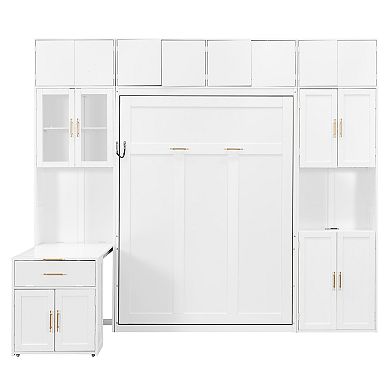 Pnronnc Bookcase Murphy Bed Full Wall Platform Bed with Desk, LED Lighted Shelves, USB, Power Outlet
