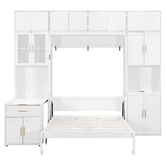 Pnronnc Bookcase Murphy Bed Full Wall Platform Bed with Desk, LED Lighted Shelves, USB, Power Outlet