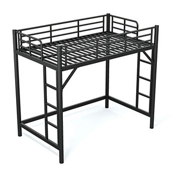 Pnronnc Modern Metal Loft Bed Frame with Ladder and Guardrails