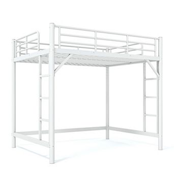 Pnronnc Modern Metal Loft Bed Frame with Ladder and Guardrails