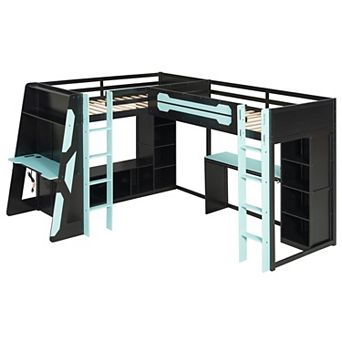 Pnronnc L-Shaped Corner Gaming Loft Bed Twin Size Wooden Loft Bed with RGB LED Lights, TV Stand, USB